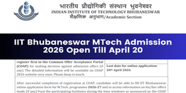 IIT Bhubaneswar MTech Admission 2026 Open Till April 20